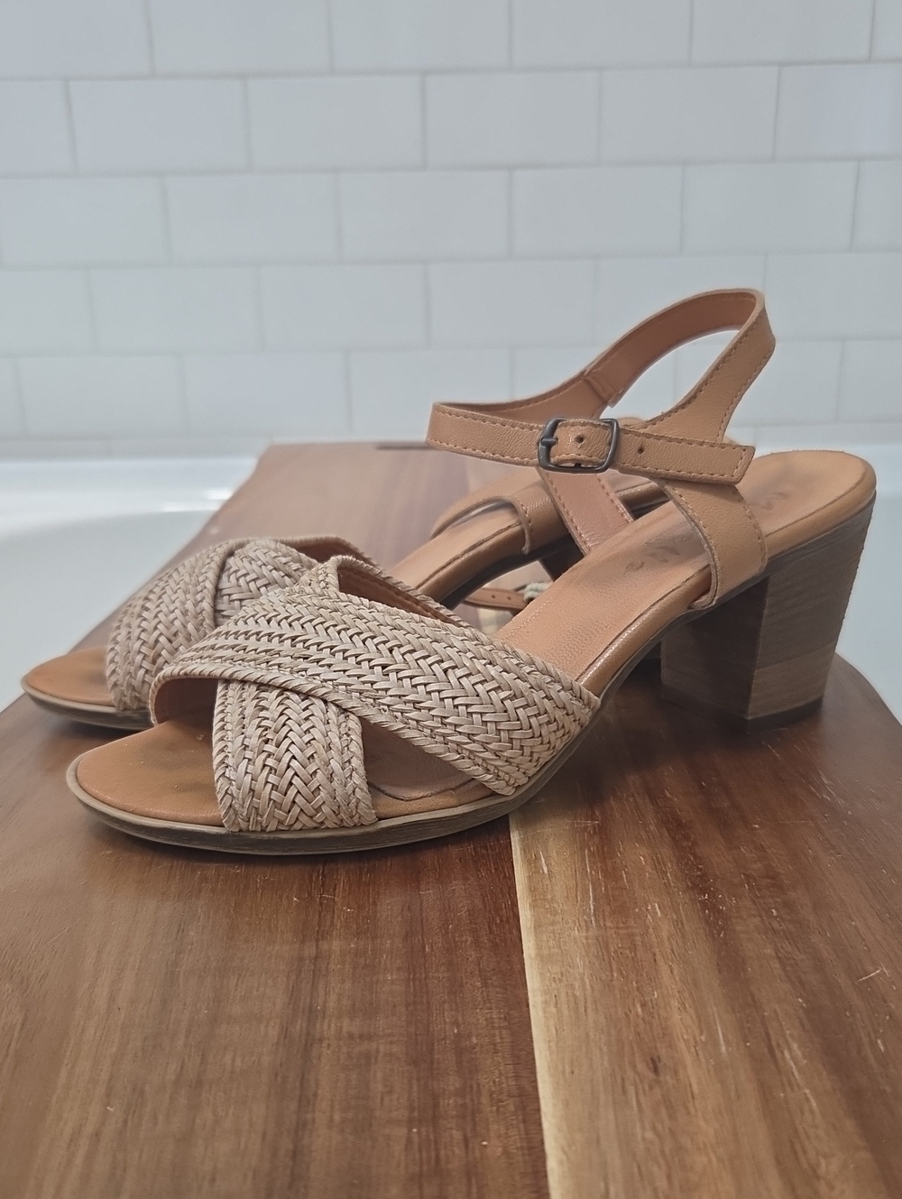 Woven Tan Block Heel Sandals Made In Italy